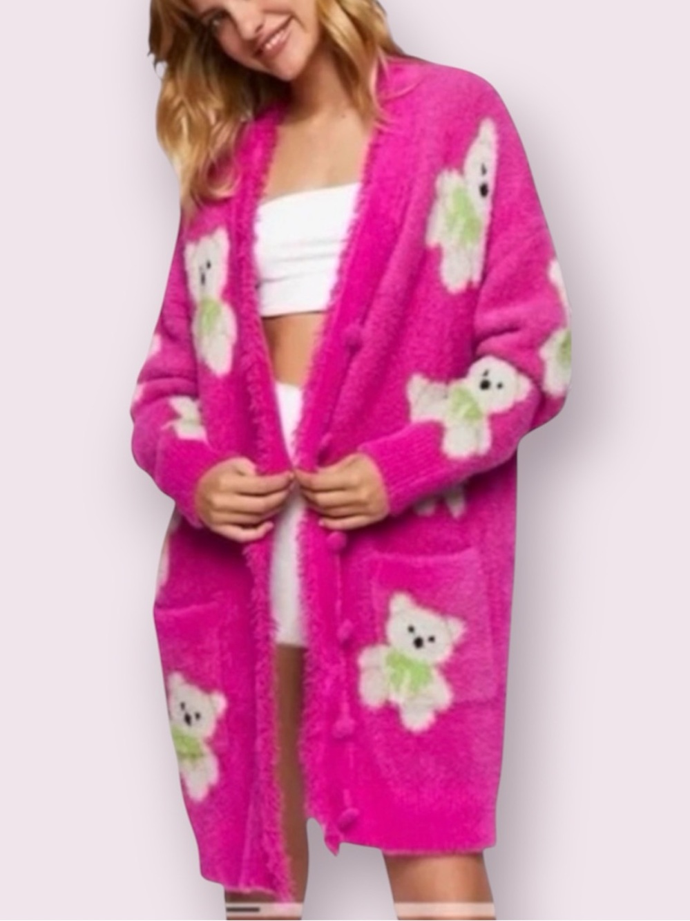 Longline Plush Fuzzy Teddy Bear Print Cardigan Hot Pink Forever 21 Size Medium